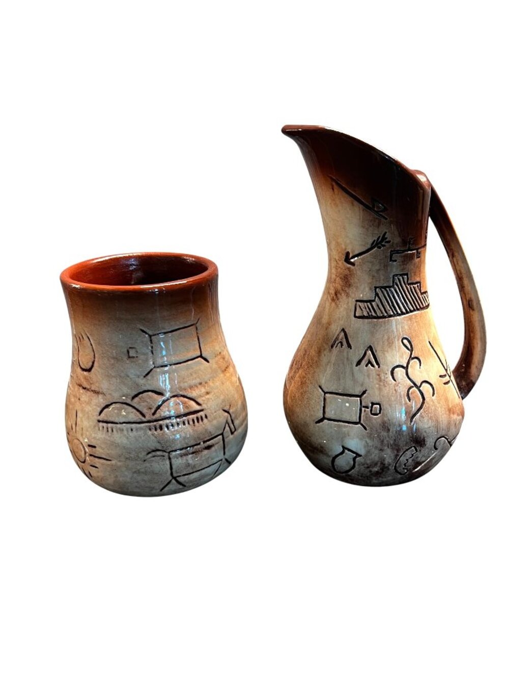 Vintage Rosemary's Ceramic pitcher and cup set primitive stoneware petroglyph sy